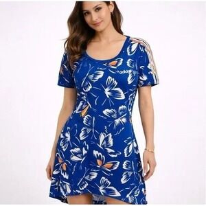 Adidas X FARM Rio Dress Womens XS Blue Butterfly‎ Print Tee Tape Logo Polyester